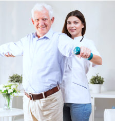 nurse assisting senior man for physical therapy